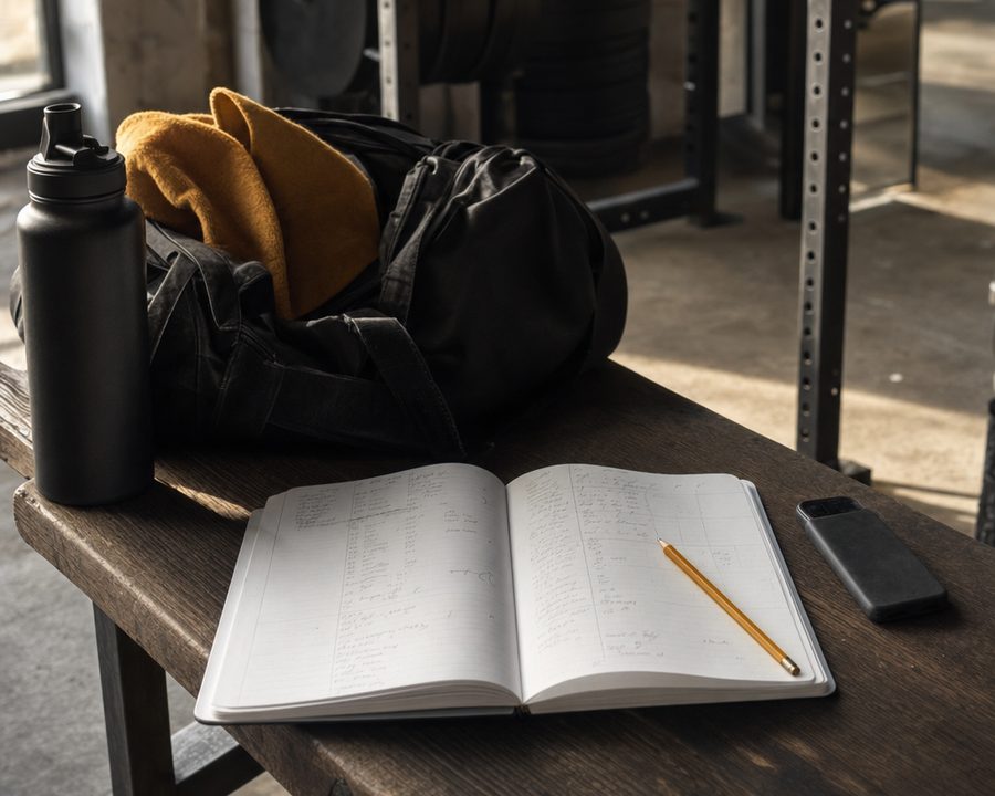 Open training log with a pencil, phone and water bottle on a wooden bench